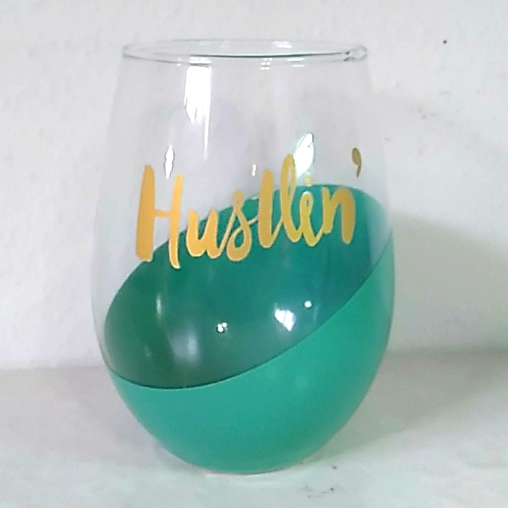 NWT stemless wine glass hustlin' gold & Teal